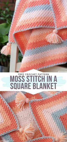 a crocheted blanket with tassels on it and the words moss stitch in a