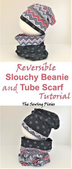 several hats stacked on top of each other with the words reversible slouchy beanie and tube scarf