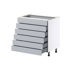 a white cabinet with four drawers and wheels on the bottom, in front of a white background