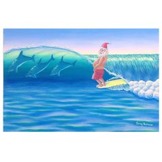 a painting of a man on a surfboard riding a wave with dolphins in the background