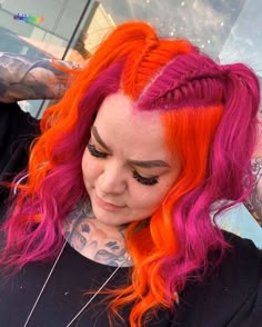 Pulp Riot Hair Color Formulas, Orange Pink Hair, Halloween Hair Color Ideas, Halloween Hair Color, Pink And Orange Hair, Hair Color Placement, Exotic Hair Color, Vivid Hair