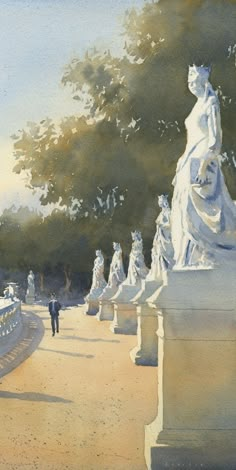 a watercolor painting of a park with statues and people walking on the path next to it