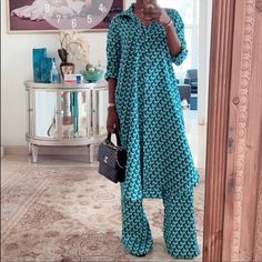 Zara Geometric Print Shirt Dress And Pants Set Print Shirt Dress, Hi Fashion, African Lace Dresses, Mid Calf Dresses, African Fashion Modern, Pant Sets, African Lace, Printed Shirt Dress, Ankara Styles