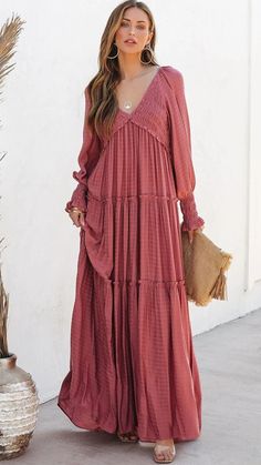 Details: Solid V neckline Long sleeves Maxi dress Size Chart: Size Length Bust inch cm inch cm S 48.4 123 33 84 M 49.2 125 34.6 88 L 50.8 129 36.2 92 XL 51.2 130 37.8 96 2XL 51.7 131 39.4 100 Ruffle Long Dress, Casual Boho Style, Flowy Dress Long, Holiday Dresses Women, Maxi Dress For Women, Sweater Maxi Dress, Flowy Maxi Dress, Tiered Maxi Dress, Long Sleeve Maxi