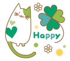 a green and white cat sitting on top of a clover with the words happy st patrick's day written below it