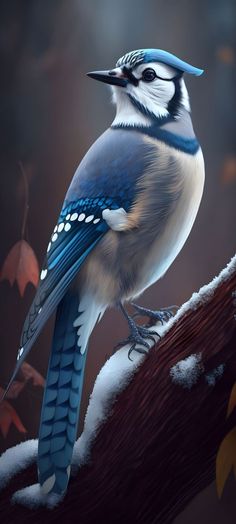 a blue jay perched on top of a tree branch in the snow with leaves around it