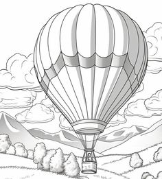 a hot air balloon flying in the sky over mountains with clouds and hills behind it