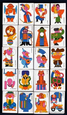 many different colored images of cartoon characters on white paper with black border around the edges