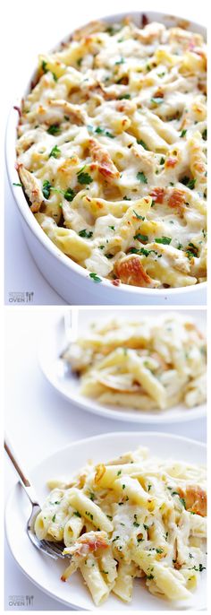 chicken alfredo baked in a casserole dish on a white plate with a serving spoon