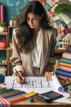 a woman sitting at a table with lots of papers and pencils in front of her