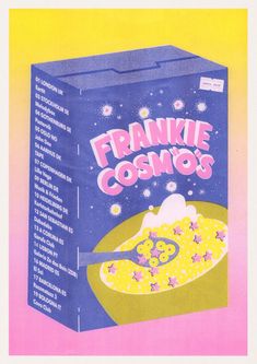 an advertisement for frankie cosmo's cereal on a pink and yellow background