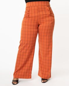 These adorable plus size Ginger Pants from Unique Vintage are the perfect addition to your wardrobe! They feature a stunning orange and black windowpane pattern, faux back pockets & buttons for a classic nautical look, and side zipper closure. Plus, their wide pant legs create an ultra-flattering silhouette that will have you feeling amazing all day long! This plus size pant is ready for anything, from casual outfits to going out ensembles Unique Vintage Unique Vintage Orange Windowpane High Waist Ginger Pants | Orange | Pants | Materials & Care Instructions: ['97% Polyester, 3% Spandex', 'Hand wash', 'Imported'] Classic Plus Size Outfits, Plus Size 70s, 1950s Casual, Vintage Brand Clothing, Uv Clothing, Halloween Clothes, Orange Pants, Vintage Plus Size, Nautical Looks