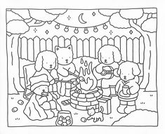 a black and white drawing of children around a campfire with teddy bears in the background