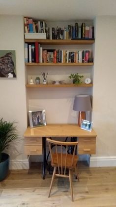 a room with a desk, bookshelf and plants on the wall behind it