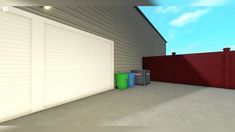 an empty garage with two trash cans and a red fence next to it on a sunny day