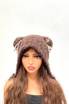 Brown Bear Ears Knit Hat Winter Beanie  Ear Flap Hat Brown Knitted Hood Winter Hat. Adorable design: the cute bear ears design adds a touch of playfulness to any winter outfit.  Made of super soft thick sherpa yarn,  this hat provides excellent warmth and comfort for cold winter days.  Snug and comfortable fit, the hat will fit most head sizes.  Versatile Style with a slit on the back and long matching fringes, which meansures approximately 12 inches.  Perfect for women and girls, this knitted h Boho Beanie, Flap Hat, Chemo Headwear, Ear Flap Hats, Wrap Boots, Boho Hat, Crochet Fingerless Gloves, Slouch Beanie, Fingerless Gloves Knitted