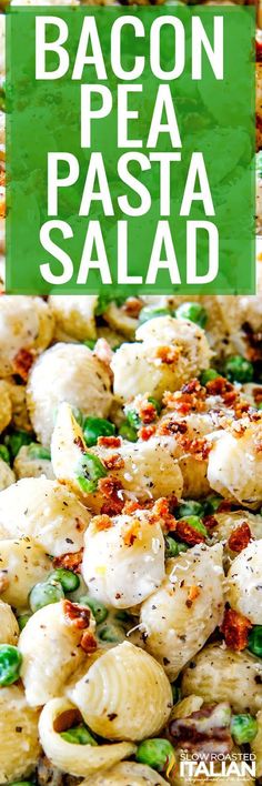 bacon, pea and pasta salad with text overlay