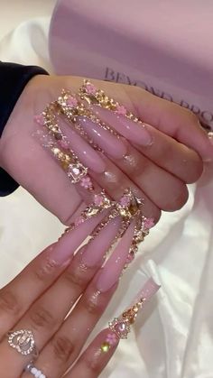 Nail Ideas Xl Square, Bling Set Nails, Extra Bling Nails, Pink Xl Nails, Extra Long Nail Designs, Quinceanera Nails, Nails Bling, Hard Nails, Spring Nail Designs