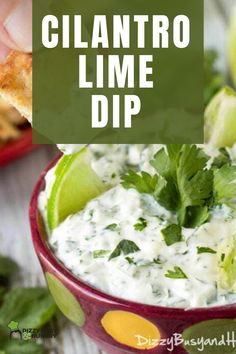 a red bowl filled with cilantro lime dip