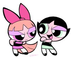 the powerpuff girls cartoon characters with pink and black hair, one is holding her head