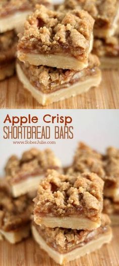 apple crisp shortbread bars stacked on top of each other with the title above it