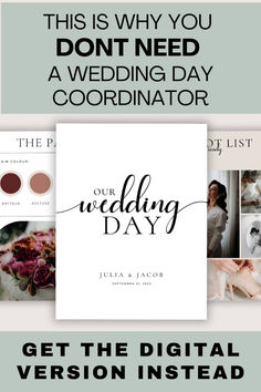 the wedding day flyer is shown with photos and text on it, along with an image of