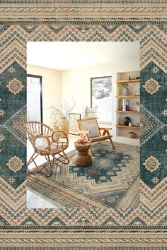 a living room with two chairs and a rug