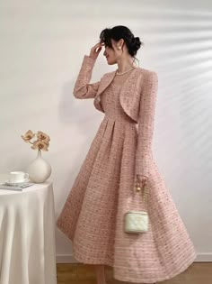 Daiiibabyyy New High Quality Women Autumn Winter Tweed 2 Piece Sets Sh – daiiibabyyy 2 Piece Sets, Modest Dresses Casual, Elegant Dresses Classy, Long Vest, Korean Fashion Dress, Classy Work Outfits, Modest Fashion Outfits, Dress Elegant, Short Jacket