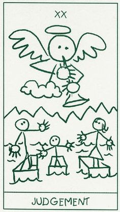 a drawing of an angel with two people in it and one person holding a cross