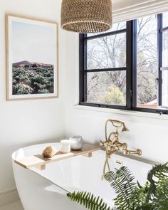 a white bath tub sitting under a window next to a potted plant and framed photograph