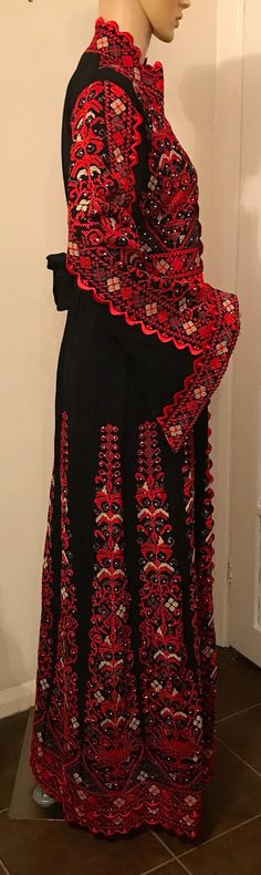 2 Piece Black Dress/ Abaya/ Kaftan/ Thobe and matching belt | Etsy Black Ceremonial Kaftan For Eid, Black Kaftan With Resham Embroidery Traditional Drape, Traditional Maxi Abaya With Floral Embroidery, Traditional Black Embroidered Thobe, Bohemian Black Evening Abaya, Festive Red Abaya With Dabka Detailing, Festive Red Abaya With Dabka, Traditional Black Abaya With Floral Embroidery, Traditional Black Thobe With Floral Embroidery