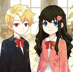 two anime characters standing next to each other in front of a table with flowers on it