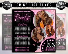 the price list flyer is shown with two pictures of women's hair and one photo of