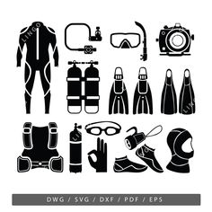 scuba silhouettes and diving equipment