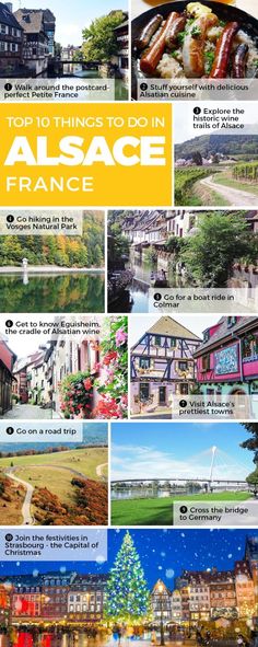 the top things to do in alfage france with pictures of buildings and trees on it