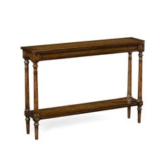 a wooden console table with two shelves on each side