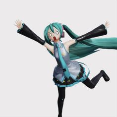 a woman with green hair and blue eyes is in the air while holding her arms out