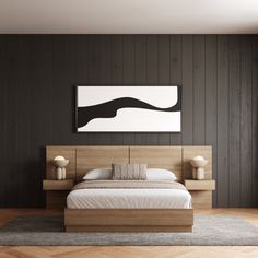 a modern bedroom with wood paneling and black walls