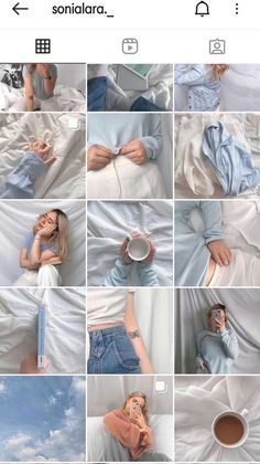 a collage of photos with the same person laying in bed and holding a coffee cup