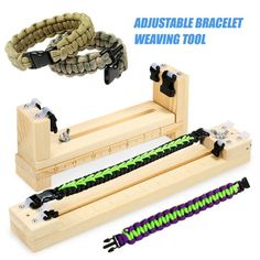 the adjustable bracelet weaving tool is made from wood and has two different types of beads