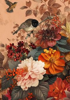 a painting of flowers and birds on a pink background with red, orange, yellow, and green leaves