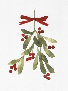 a watercolor painting of an ornament with red berries and green leaves