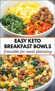 easy keto breakfast bowls with eggs, spinach and other vegetables in white bowls