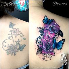 two pictures of different tattoos with flowers and butterflies on the back of their shoulders