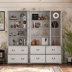 a living room filled with lots of furniture next to a wall mounted clock and potted plant