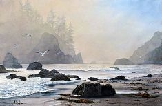 an oil painting of birds flying over the ocean and rocks in front of some trees