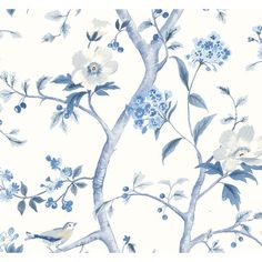 a blue and white floral wallpaper with birds on the branches, flowers and leaves