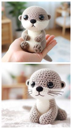 crocheted sea otter stuffed animal is shown in two different photos, one with black eyes and the other without