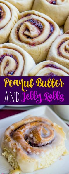 a close up of a plate of pastries with jelly rolls in the background and text overlay that reads, peanut butter and jelly rolls