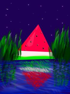 a watermelon slice sitting on top of a lake next to tall green grass